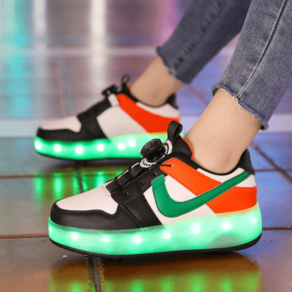 Orange and green heel wheels roller shoes glowing with LED lights