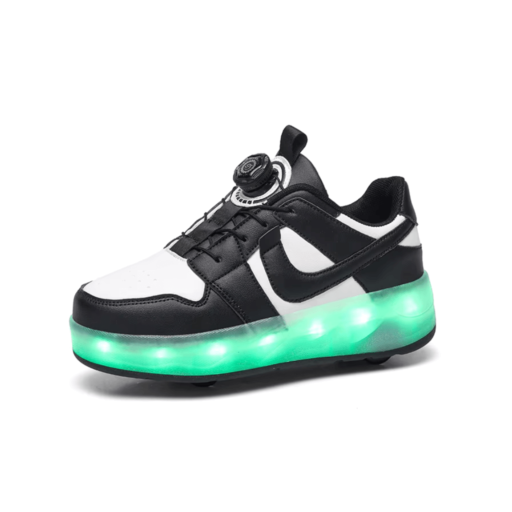 Black and white LED heel wheel roller shoes with rechargeable lights, Kick Speed Kick Air LOW