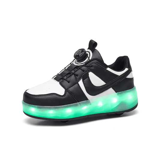 Black and white LED heel wheel roller shoes with rechargeable lights, Kick Speed Kick Air LOW