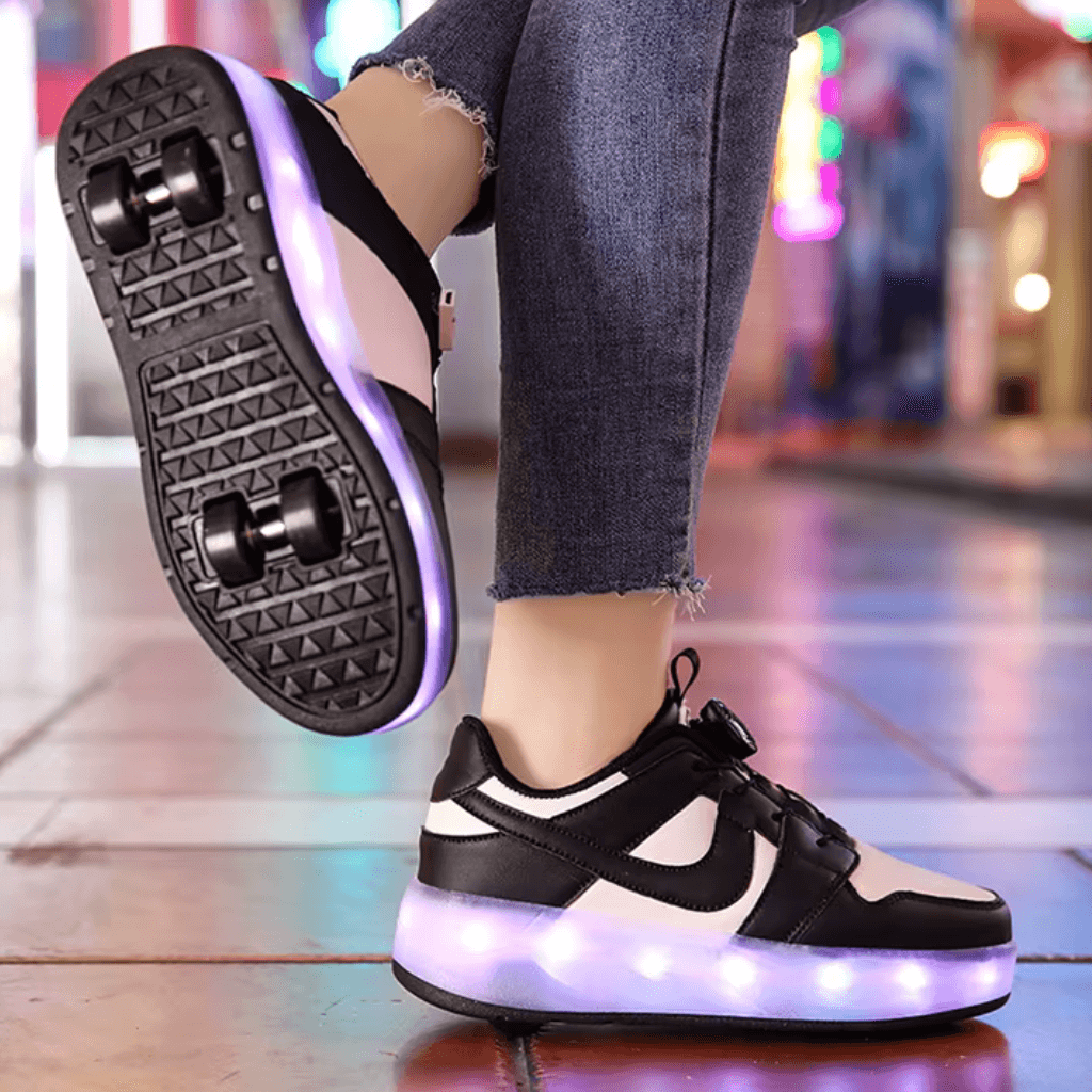 Black heel wheel roller shoes with green LED lights, Kick Speed Kick Air LOW