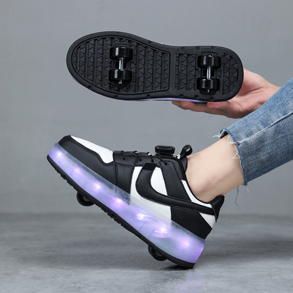 Black and white LED heel wheel roller shoes with dual-wheel system, Kick Speed Kick Air LOW model