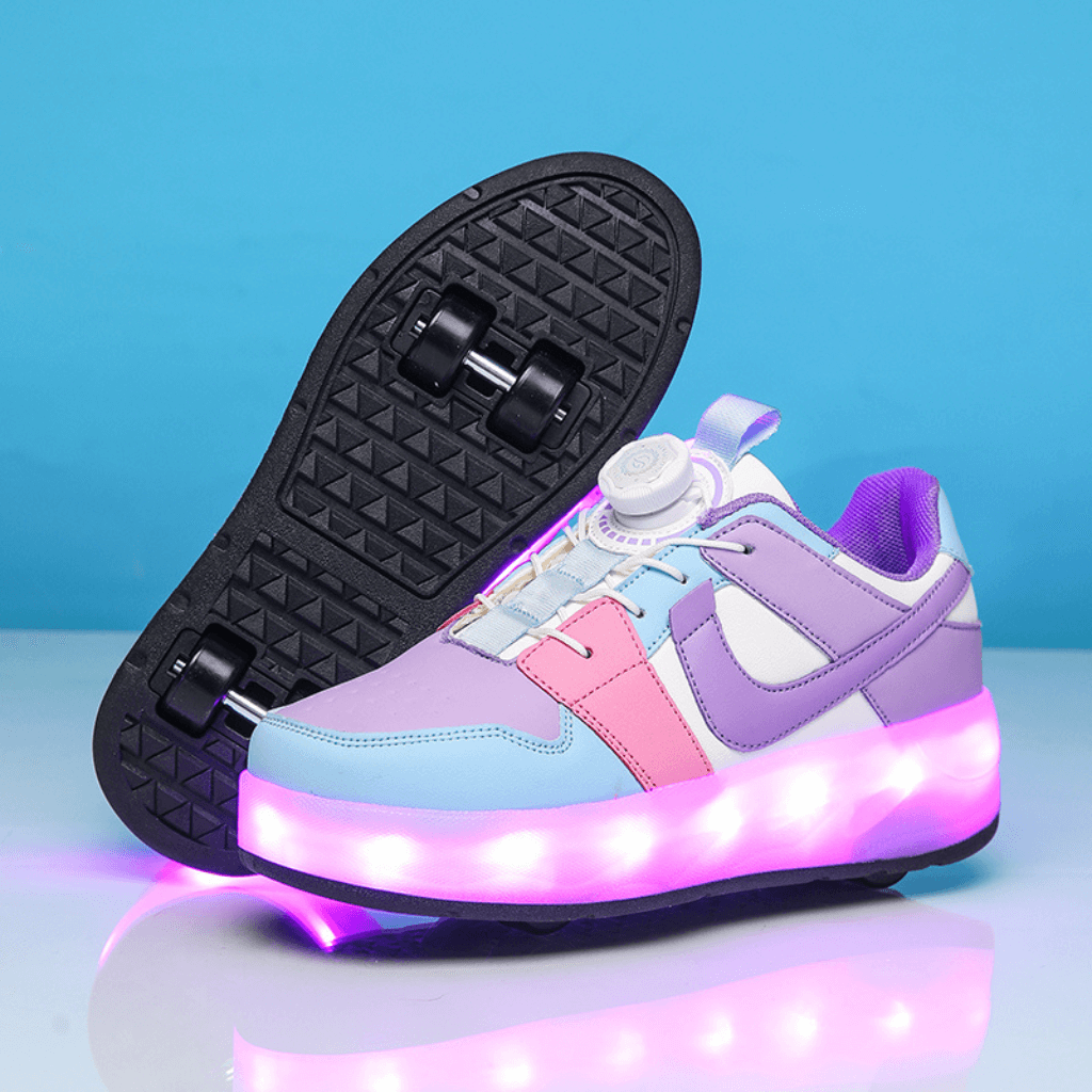 Pink and purple LED heel wheel roller shoes with wheels