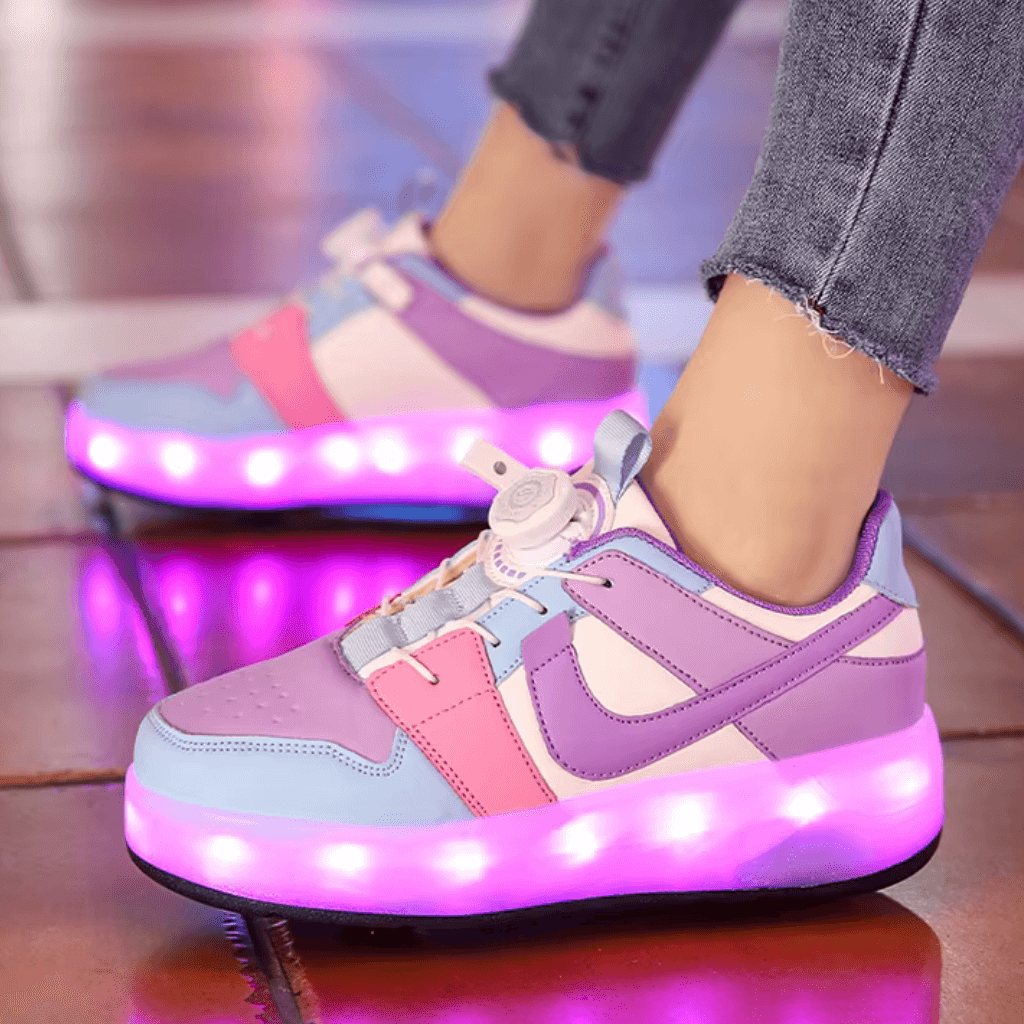 Pink and purple heel wheel roller shoes with wheels and LED lights