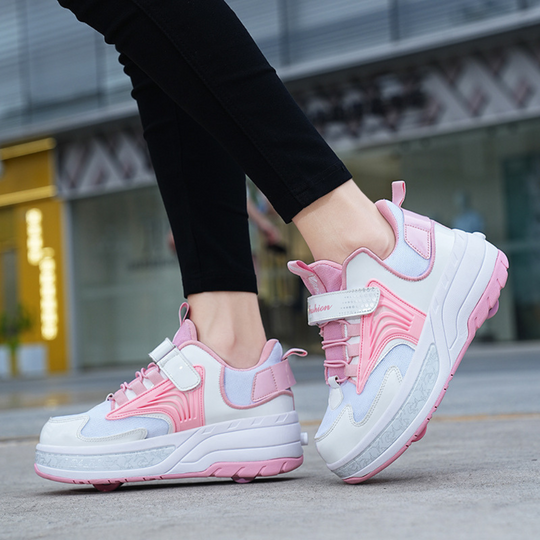Outdoor shot of pink Kick Speed heel wheels shoes, stylish light up sneakers