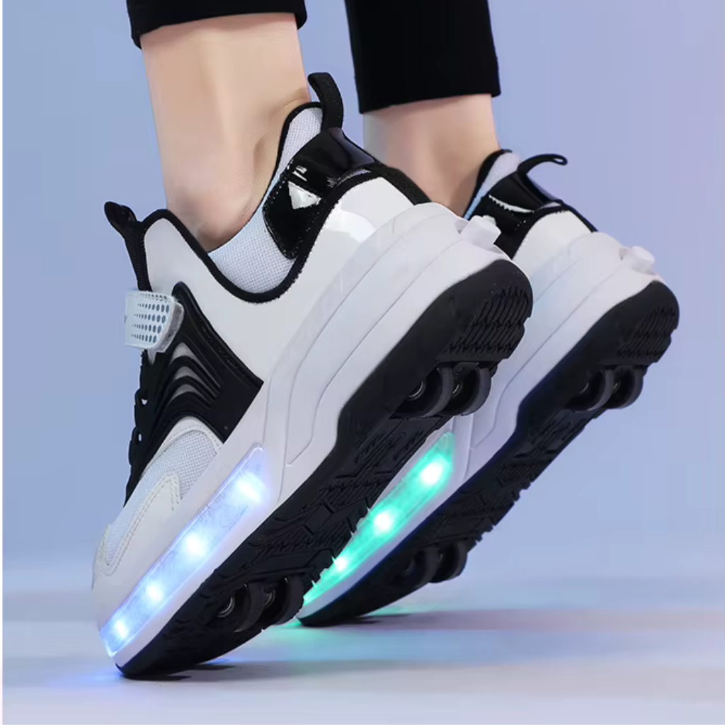 Black Kick Speed LED heel wheels shoes glowing, dual wheel sneakers for adults