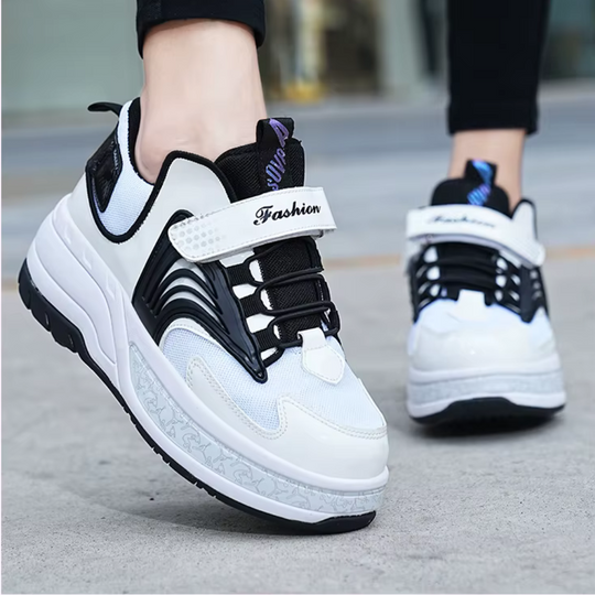 Pair of black and white heel wheels shoes worn outdoors, Kick Speed with retractable wheels