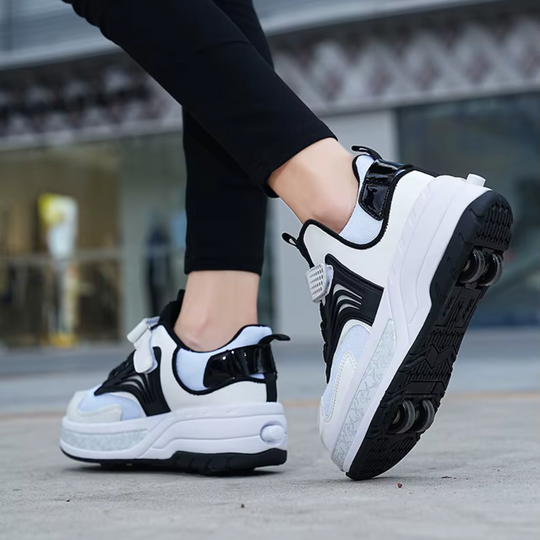 Side profile of black LED heel wheels shoes, Kick Speed sneakers with dual wheel system
