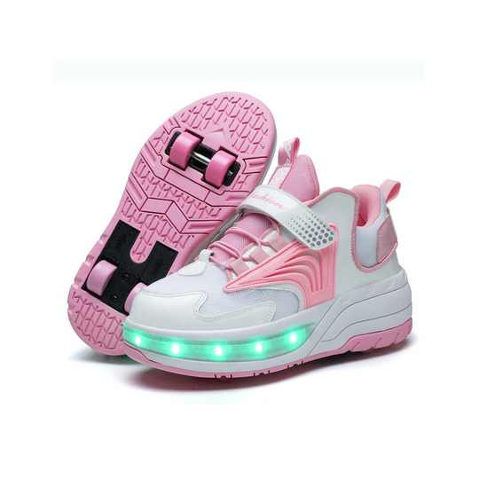 Pair of pink LED Kick Speed Pro-X heel wheels shoes, dual wheel sneakers for kids