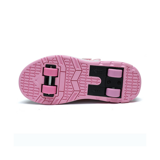 Bottom sole view of pink Kick Speed heel wheels shoes, retractable heel and front wheel slots