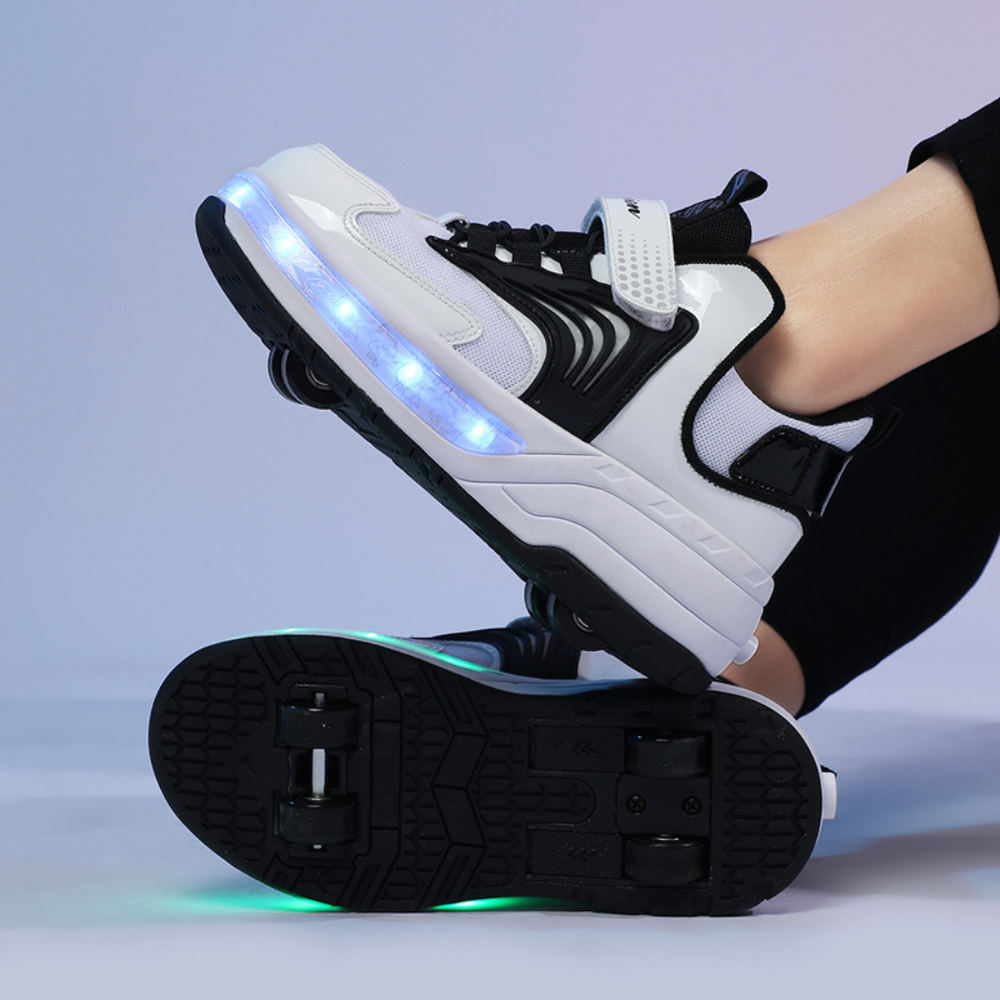 Black Kick Speed Pro-X heel wheels shoes glowing with LED lights, unisex shoes with wheels