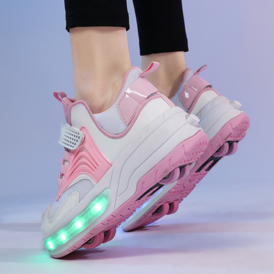 Side view of pink LED heel wheels shoes, Kick Speed Pro-X with dual wheel system