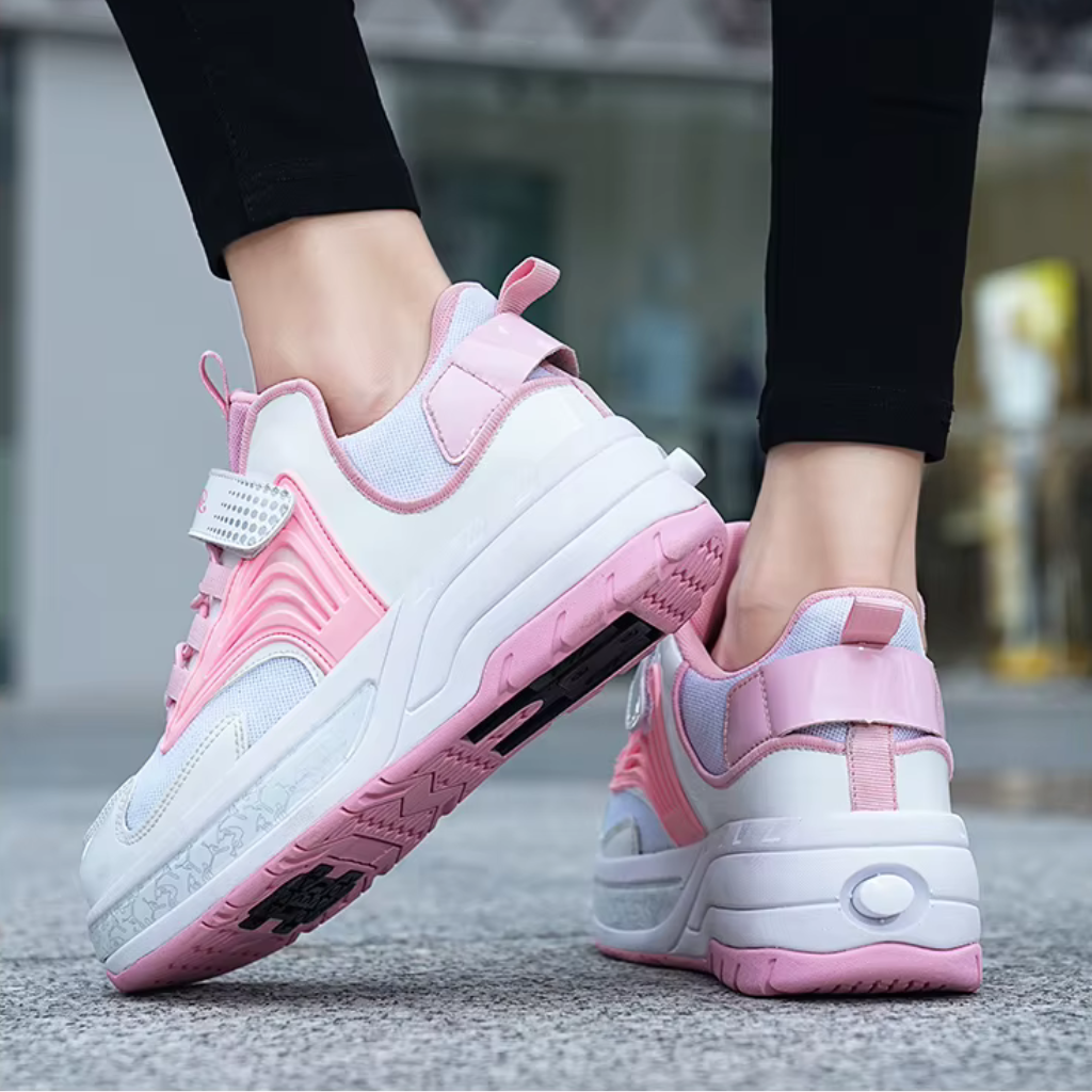 Pink Kick Speed Pro-X heel wheels shoes glowing, sneakers with optional front wheels