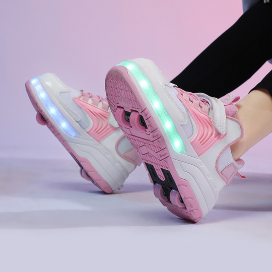 Pink heel wheels shoes with LED lights in use, Kick Speed for kids