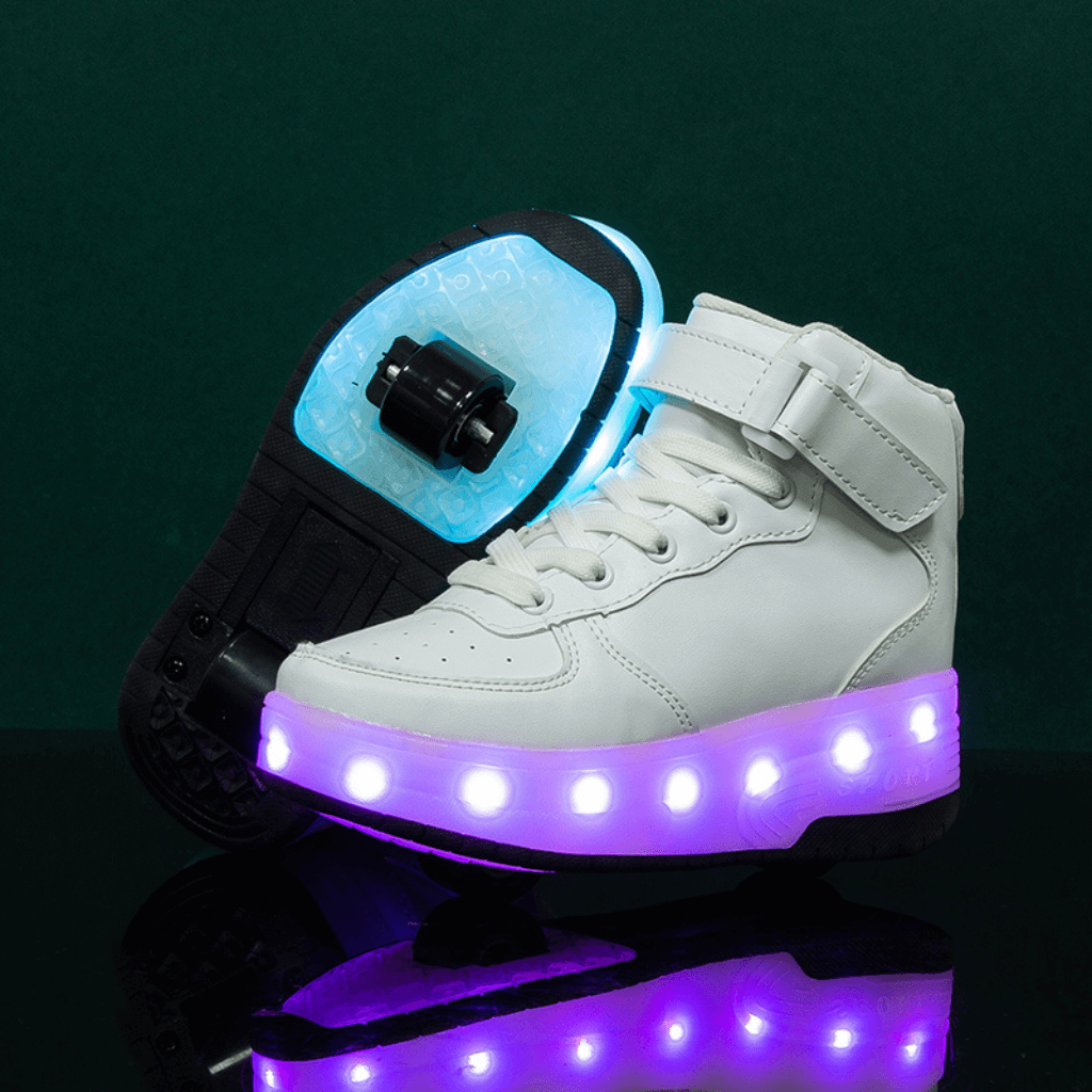 Silver heel wheel roller shoes with bright white LED lights in dark background