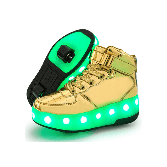Gold heel wheel roller shoes with bright green LED lights on display