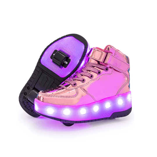 Pink heel wheel roller shoes glowing with LED lights in the dark