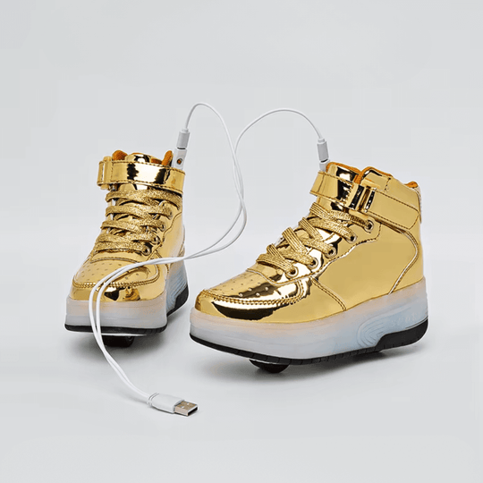 Golden heel wheel roller shoes displayed together, heelys style shoes with wheels