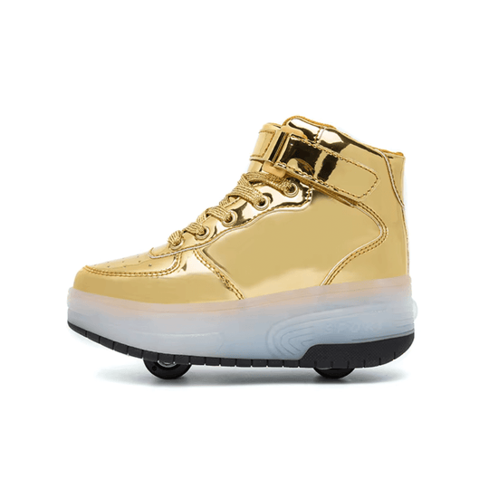Golden heel wheel roller shoes without lights, side view on white background