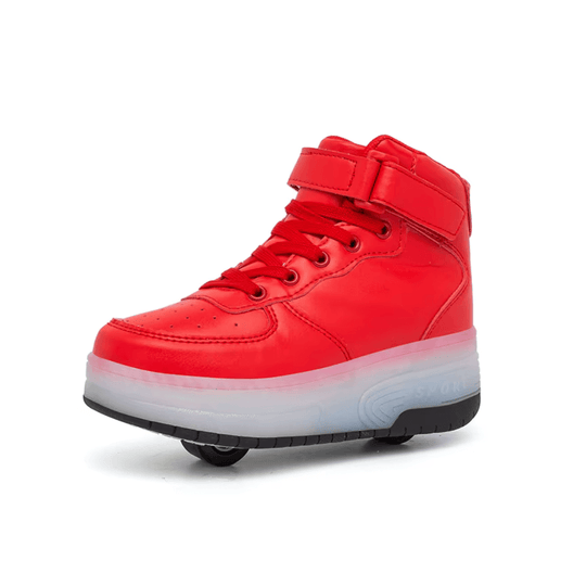 Red heel wheel roller shoes without lights, side profile display