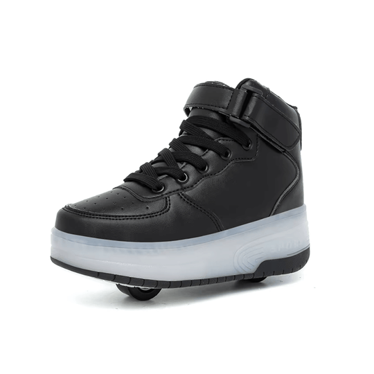 Black heel wheel roller shoes plain design on white background