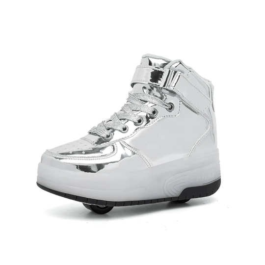 Silver chrome heel wheel roller shoes plain design on white background