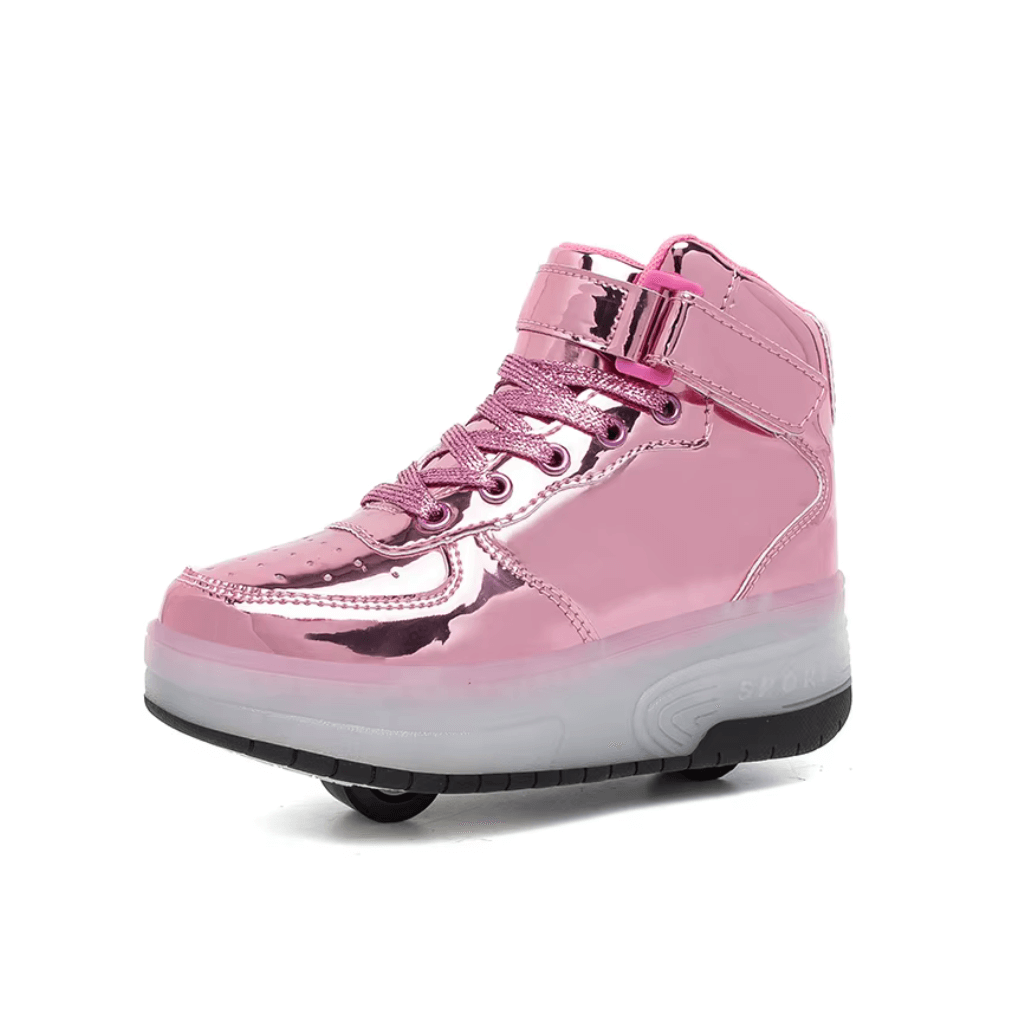Pink heel wheel  LED roller shoes for girls, side view