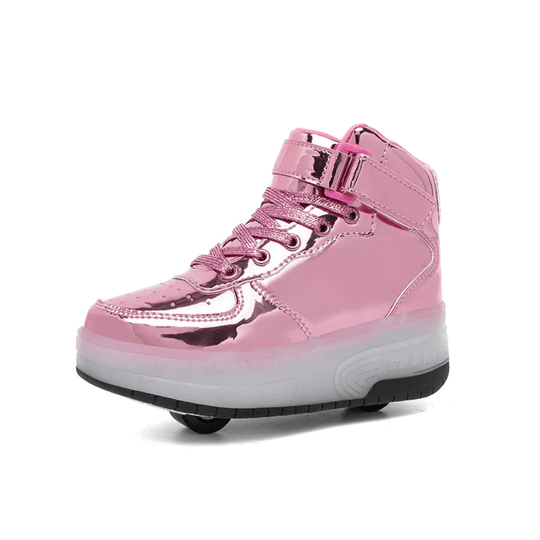 Pink heel wheel  LED roller shoes for girls, side view
