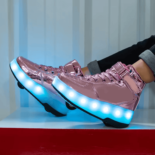 Metallic pink heel wheel shoes glowing with blue LED lights for girls