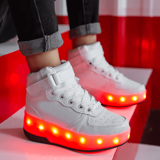 White heel wheel roller shoes with red LED lights for kids