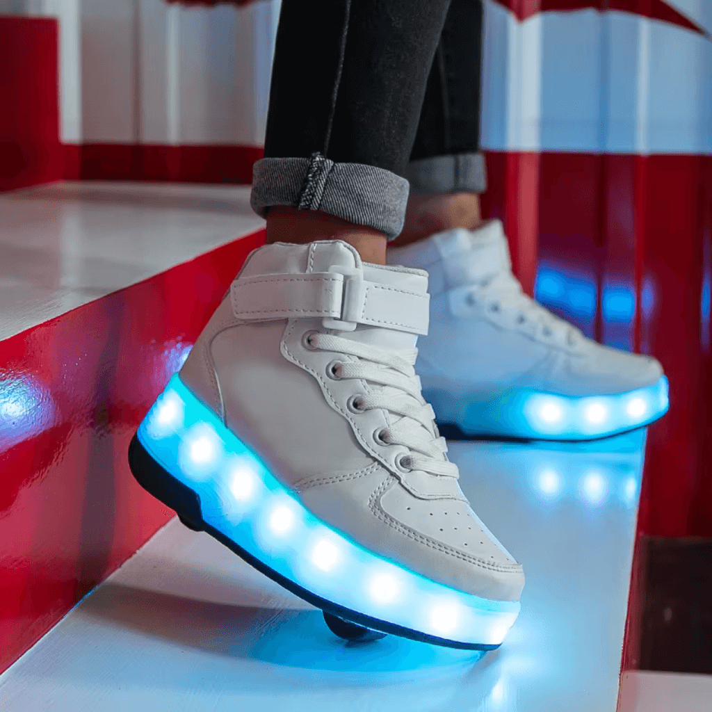White heel wheel roller shoes glowing with blue LED lights on feet