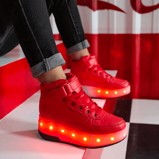 Red heel wheel roller shoes with bright red LED lights worn indoors