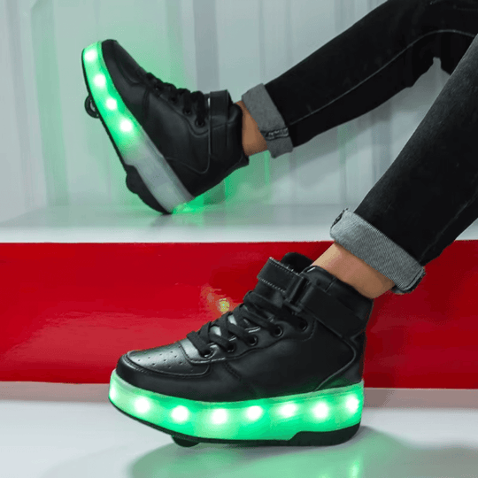 Black heel wheel roller shoes with green LED lights on feet