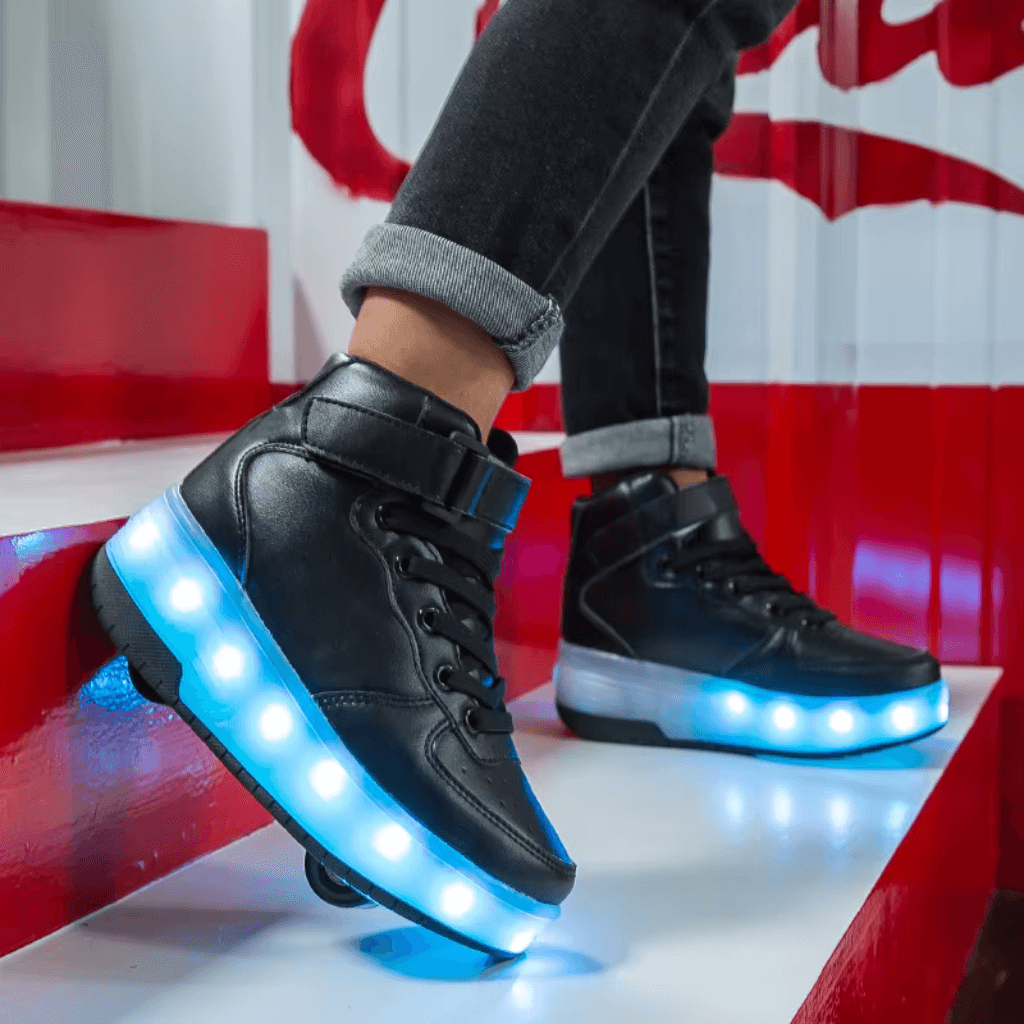 Shiny black heel wheel roller shoes glowing with blue LED lights