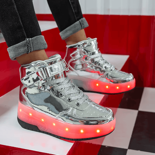 Silver heel wheel roller shoes with white LED lights in motion