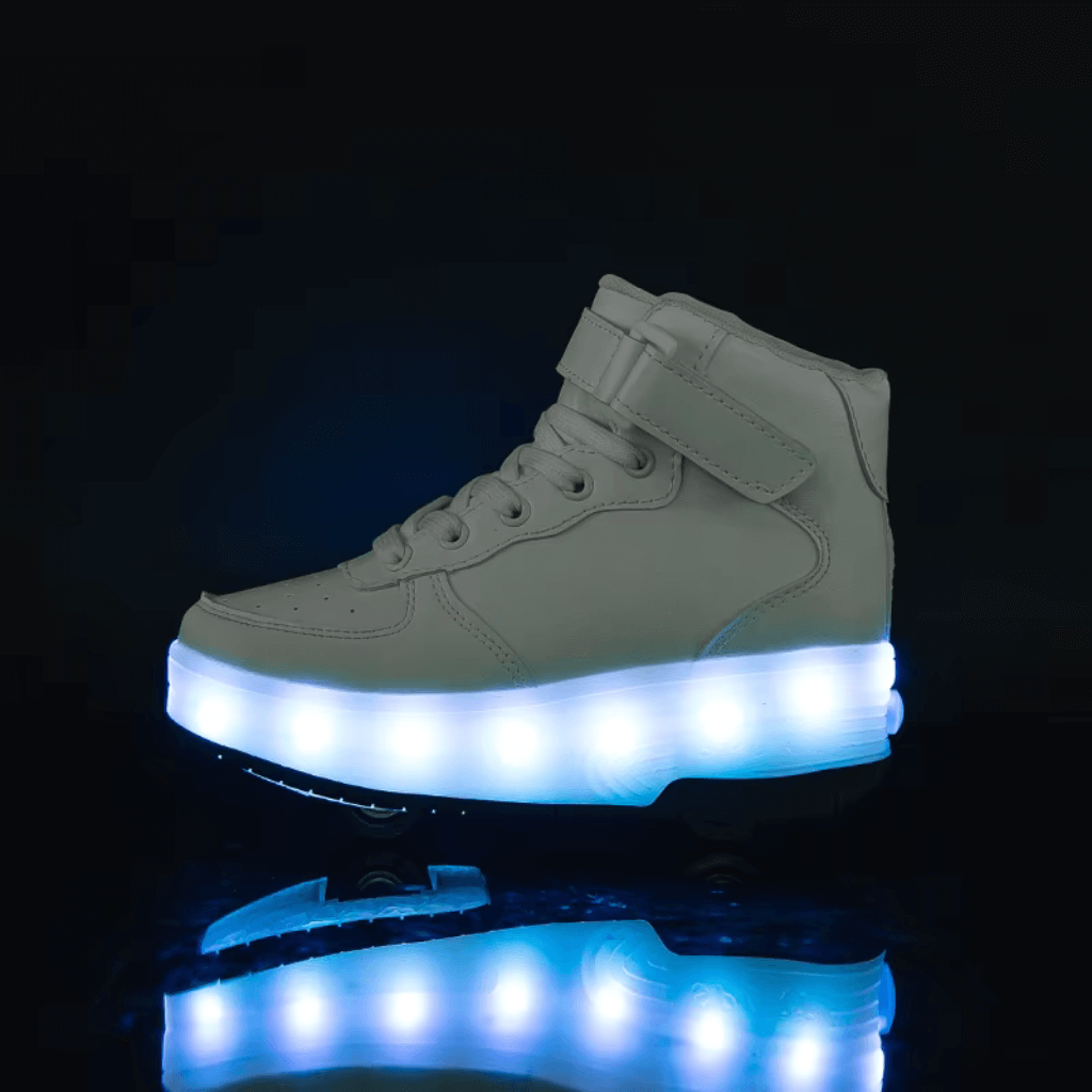white heel wheel roller shoes heelys style with LED lights standing on dark surface