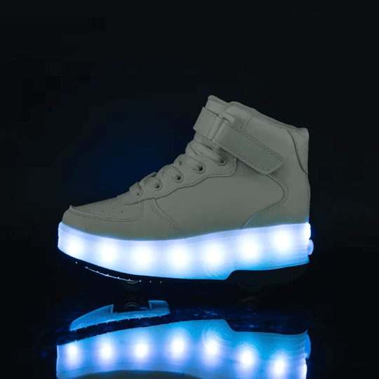 white heel wheel roller shoes heelys style with LED lights standing on dark surface