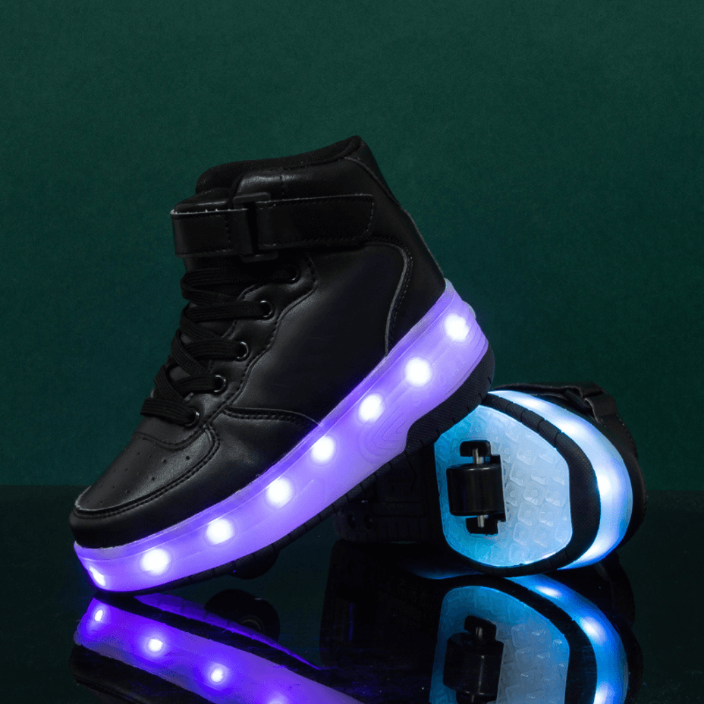 Black heel wheel roller shoes glowing with LED lights and heel wheels