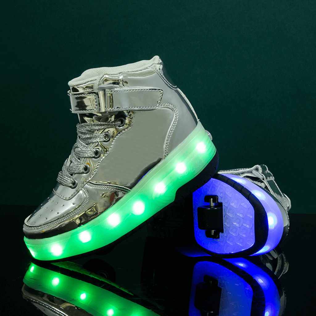 Silver heel wheel roller shoes with LED lights standing on dark surface