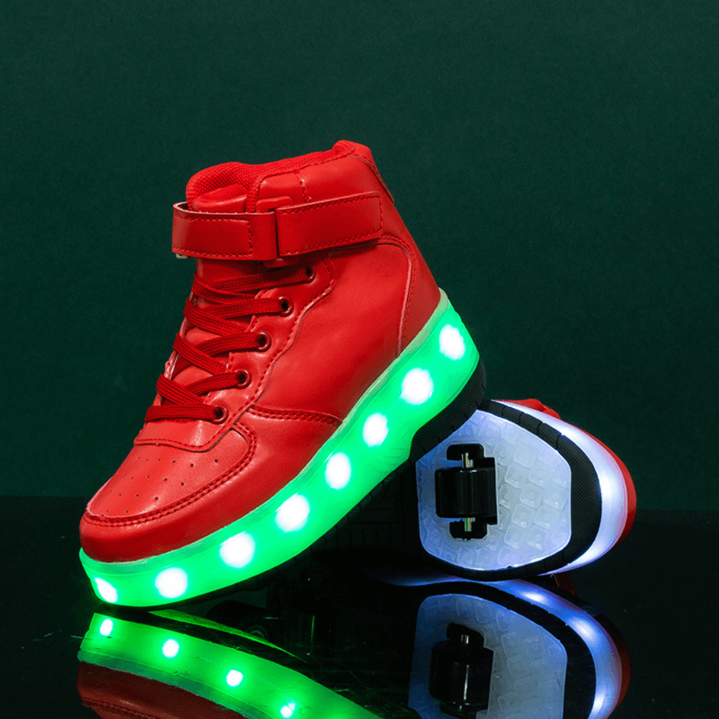Red heel wheel roller shoes glowing with LED lights at night