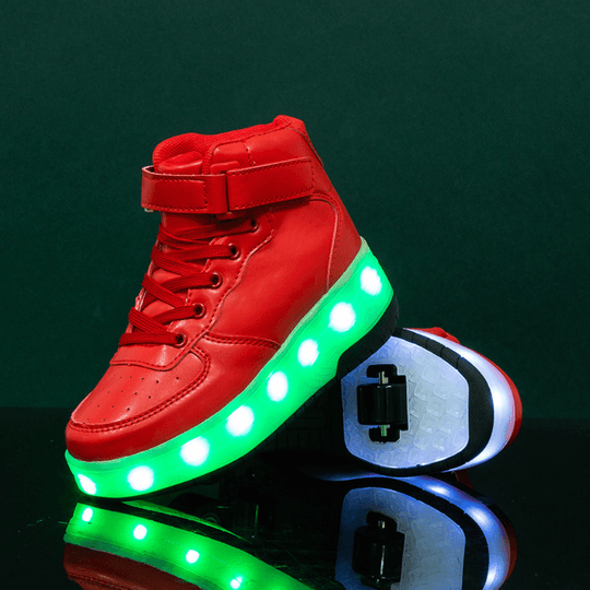 Red heel wheel roller shoes glowing with LED lights at night