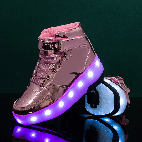 Metallic pink heel wheel roller shoes glowing with LED lights, shoes with wheels for kids