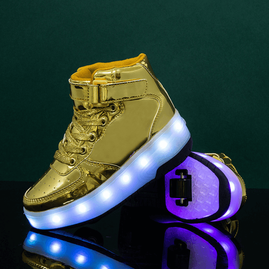 Gold heel wheel roller shoes with LED lights on display