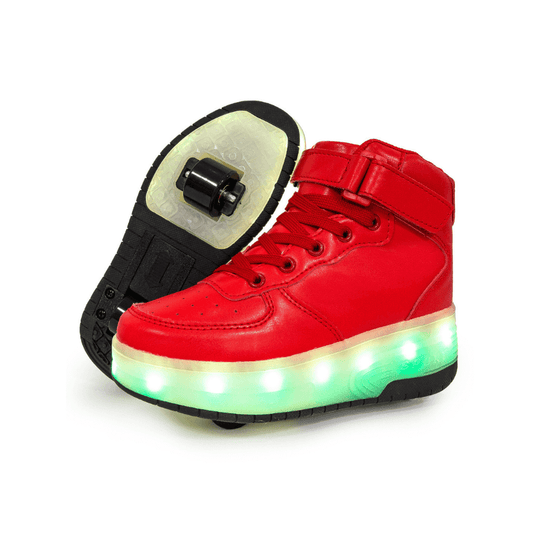 Red heel wheel roller shoes glowing with green LED lights indoors