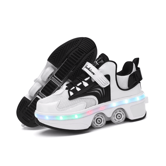 White and black Kick Speed roller skate shoes with wheels and LED lights