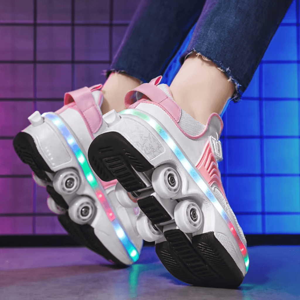 Black and white roller skate shoes with wheels and LED lights in use