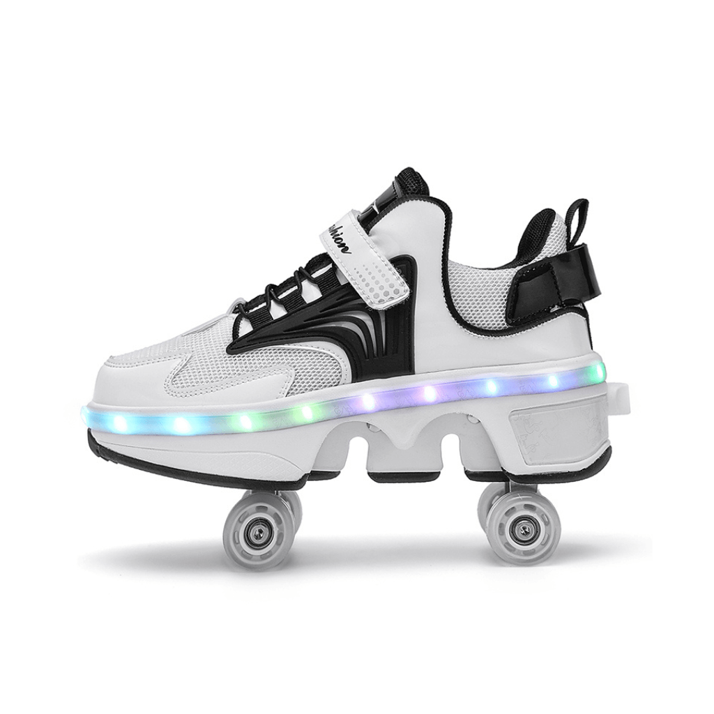 White roller shoe with black accents and LED lights on a white background