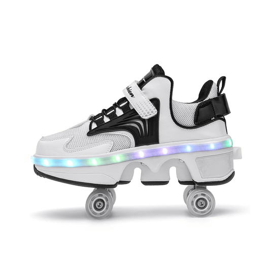 White roller shoe with black accents and LED lights on a white background