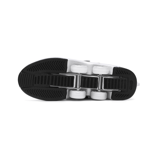 Bottom sole view of Kick Speed roller skate shoes with retractable wheels