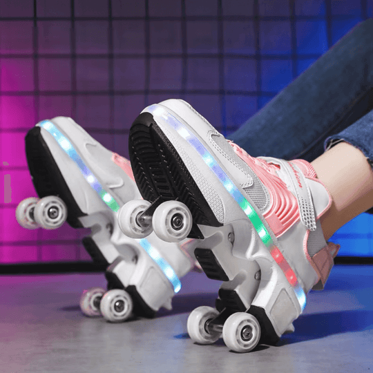 Pink LED shoes with wheels in skating mode, worn indoors