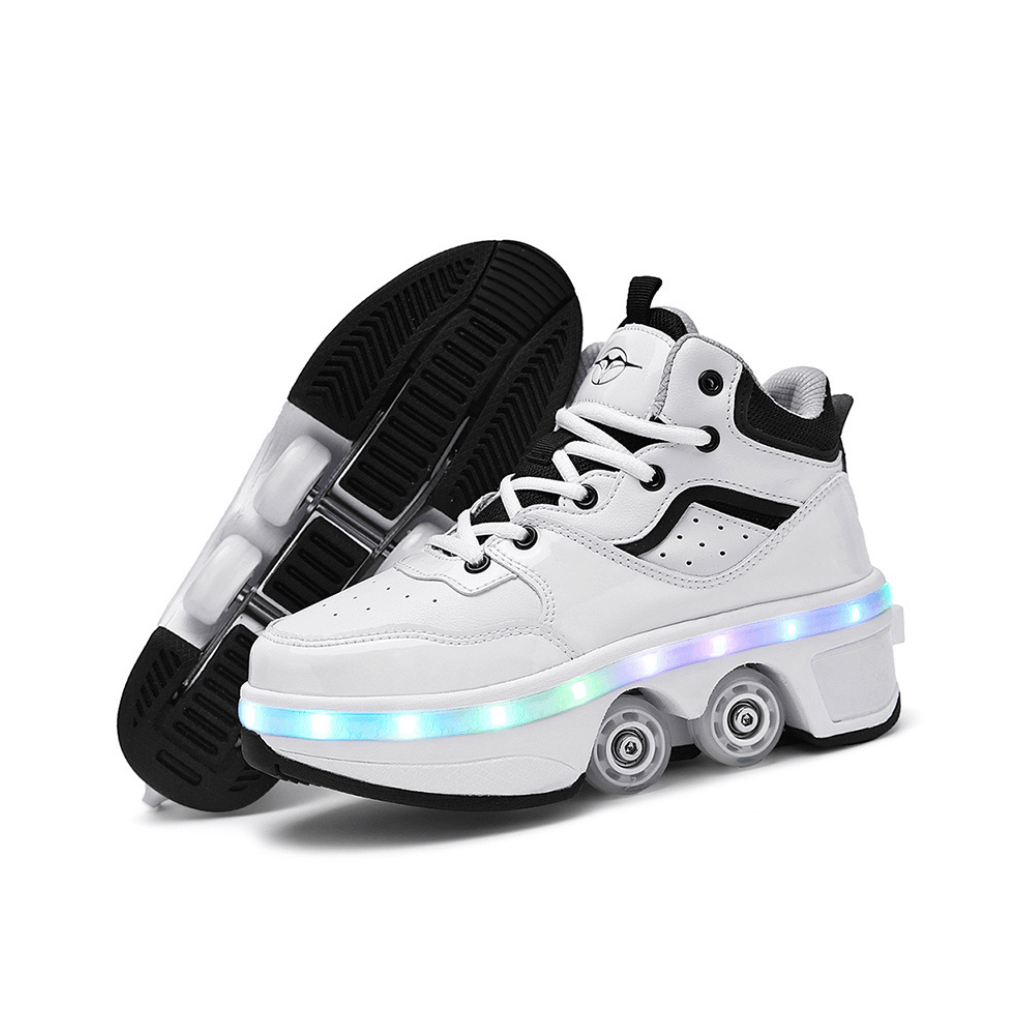 Side view of white roller skate shoes with wheels and LED lights, stylish roller shoes